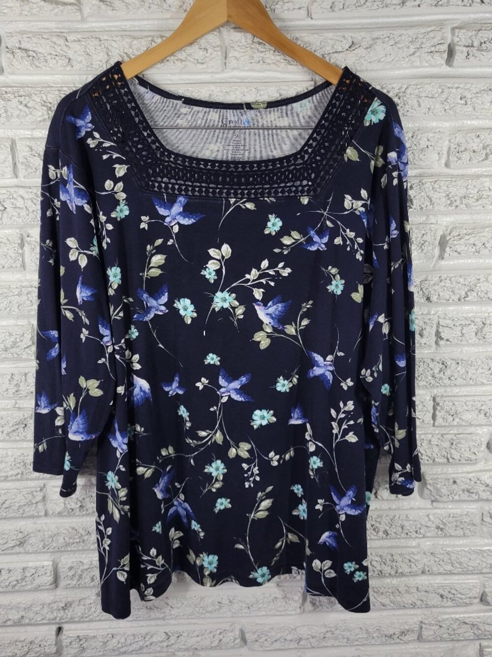 Croft & Barrow Womens 3X Top Blue Floral Bluebird 3/4 Sleeve Crochet FLO282E